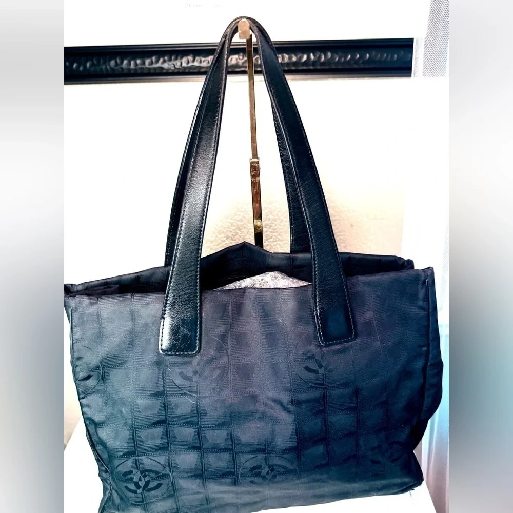 CHANEL Large Travel Line Tote MM Tote Bag Nylon Jacquard Leather